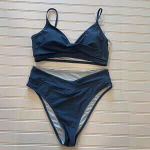 Cupshe Women Bikini NWT L Blue 2 Piece Cross Front Top High Waisted Swimwear Set